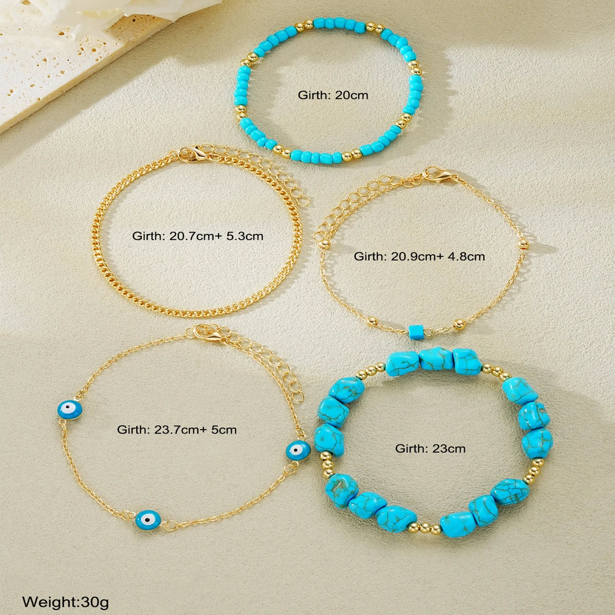 Turquoise Anklet Set - 5-Piece Boho Evil Eye Beach Foot Chain Jewelry
