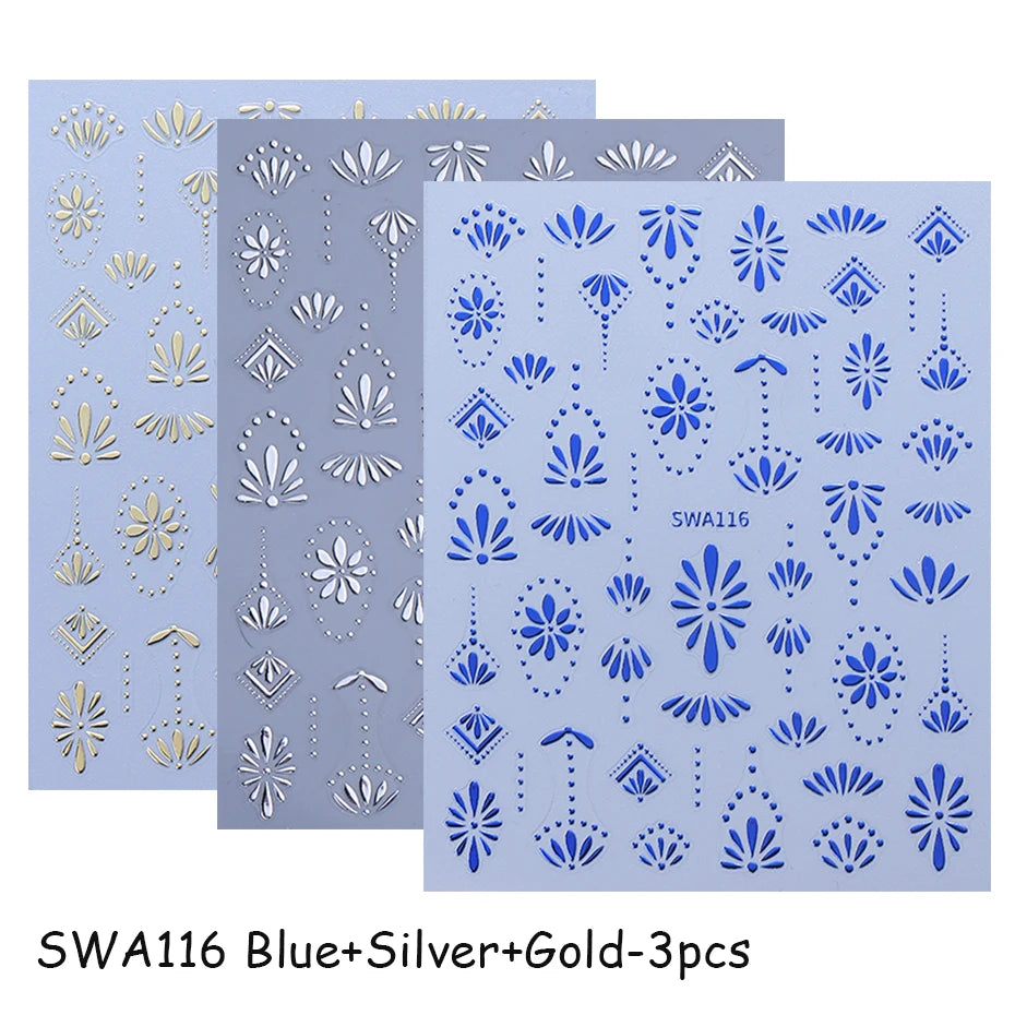 Bohemian Nail Stickers - Gold Silver Blue Flower Petals (3pcs)