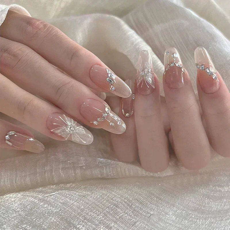 24-Piece Almond Press-On Nails - Butterfly French Pearl Diamond Handmade Set