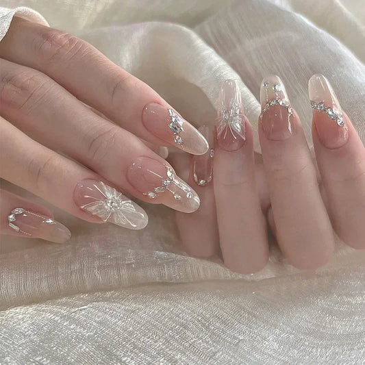 24-Piece Almond Press-On Nails - Butterfly French Pearl Diamond Handmade Set