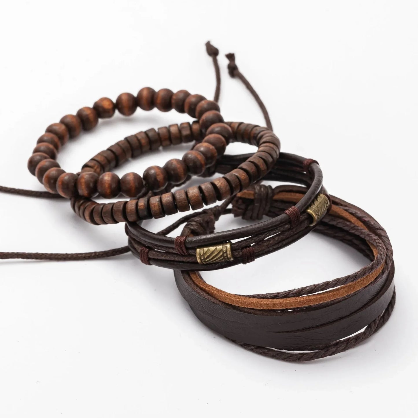 Men's Boho Bracelet Set - 4-Piece Wooden Beads & Leather Layers