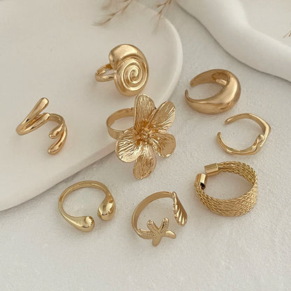 Vintage Metal Petal Flower Ring Set - 8pc Geometric Open Rings for Women