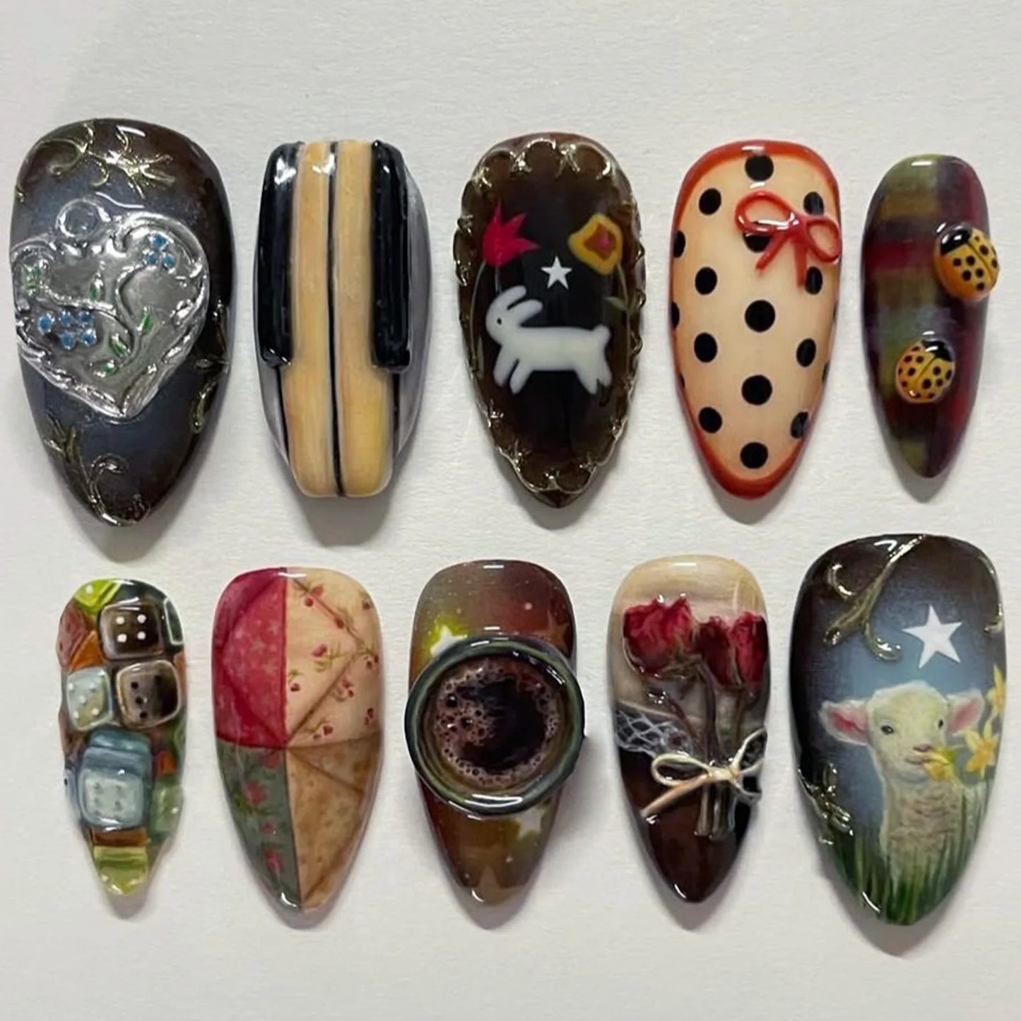 24-Piece Almond Press-On Nails - Wine Red Blush Floral Design Summer Set