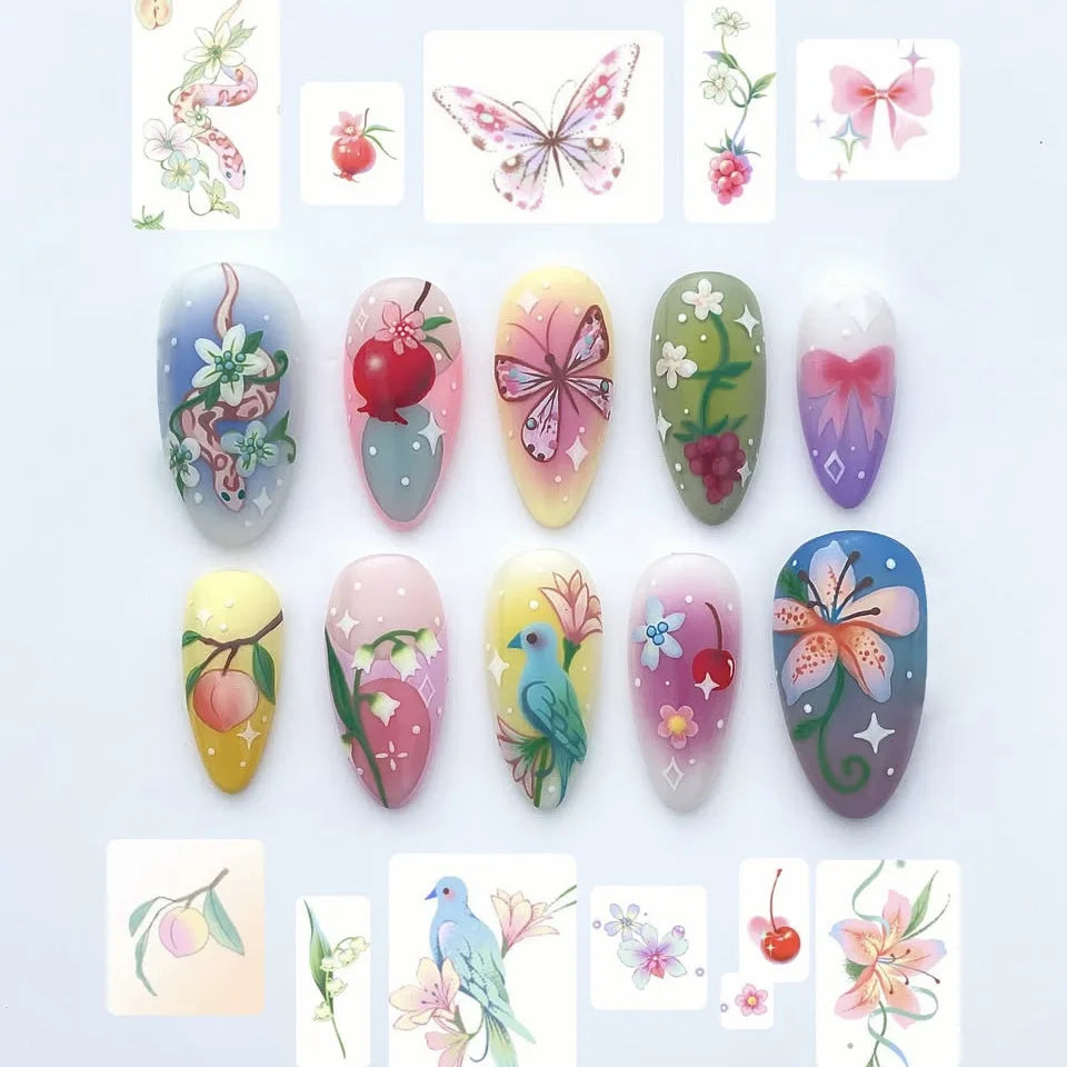 24-Piece Almond Press-On Nails - Wine Red Blush Floral Design Summer Set