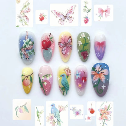 24-Piece Almond Press-On Nails - Wine Red Blush Floral Design Summer Set