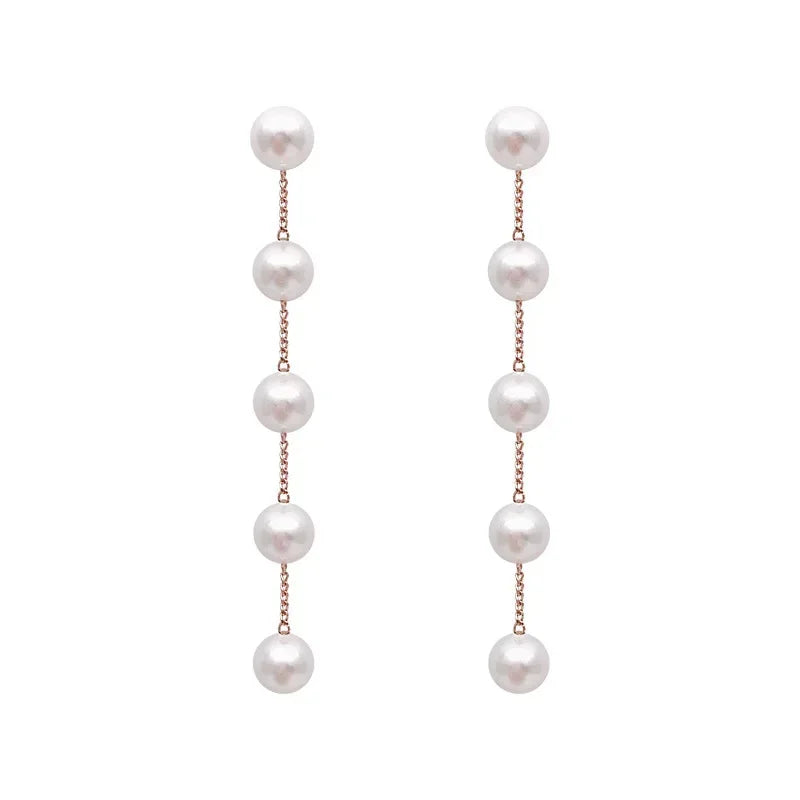 Pearl & Rhinestone Long Drop Earrings - Elegant Floral Wedding Pendant Earrings