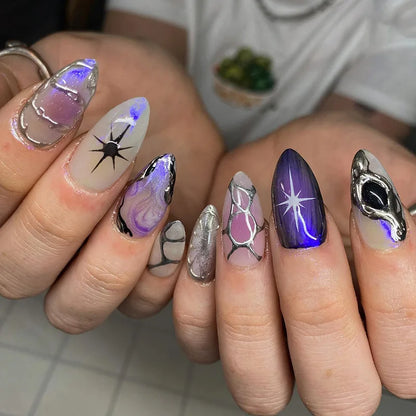 Y2K Star & Moon Press On Nails - Gradient Blue French Tips (24pcs)