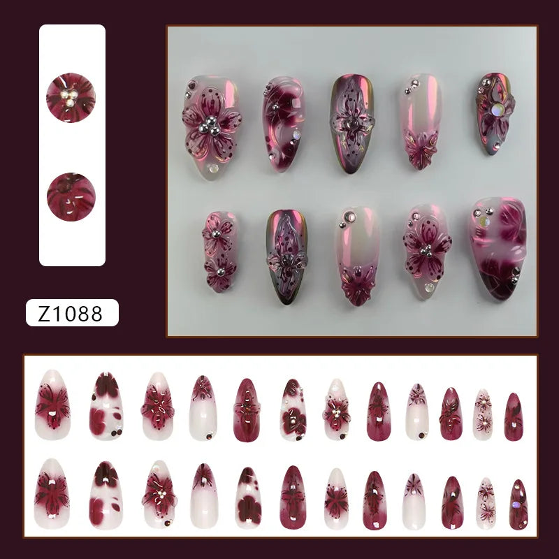24-Piece Almond Press-On Nails - Wine Red Blush Floral Design Summer Set