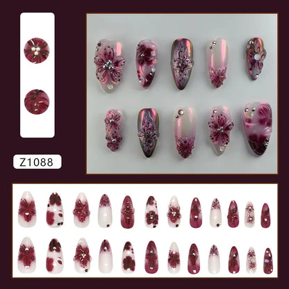 24-Piece Almond Press-On Nails - Wine Red Blush Floral Design Summer Set