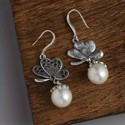 Vintage Butterfly Pearl Earrings - Rhinestone Boho Drop Jewelry