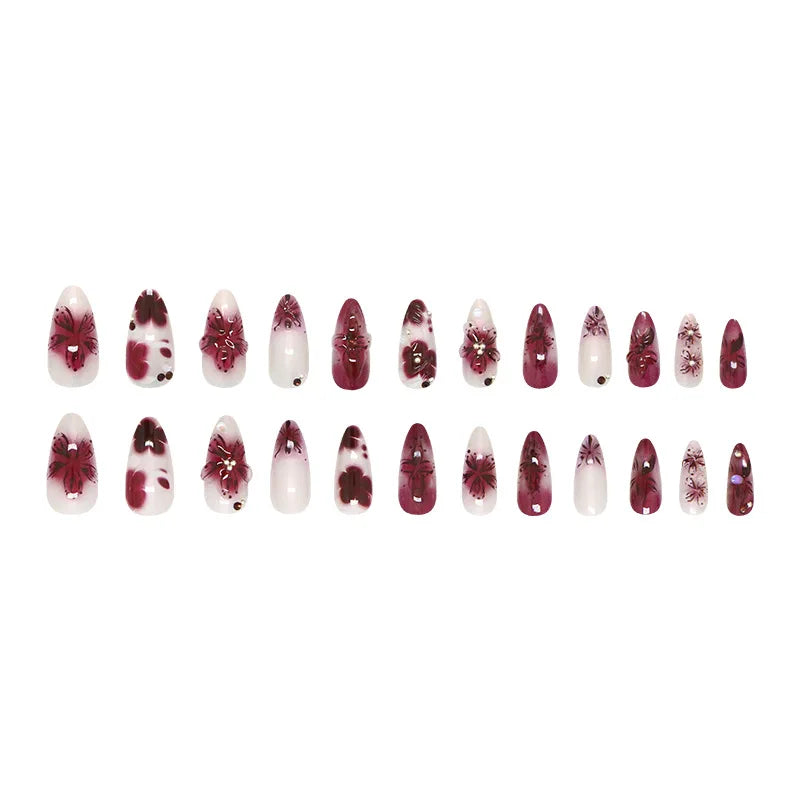 24-Piece Almond Press-On Nails - Wine Red Blush Floral Design Summer Set