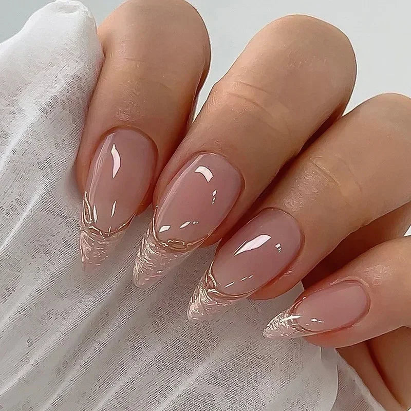 24-Piece Almond Press-On Nails - Butterfly French Pearl Diamond Handmade Set