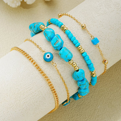 Turquoise Anklet Set - 5-Piece Boho Evil Eye Beach Foot Chain Jewelry