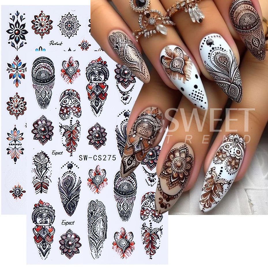 Bohemian Nail Art Stickers - Black & Brown Floral Design (2pcs)