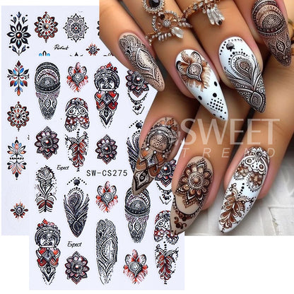 Bohemian Nail Art Stickers - Black & Brown Floral Design (2pcs)