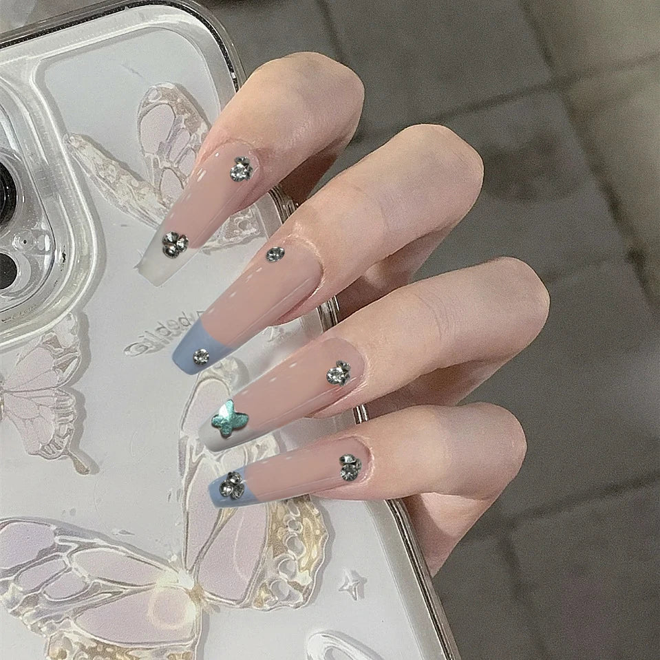 24-Piece Almond Press-On Nails - Butterfly French Pearl Diamond Handmade Set