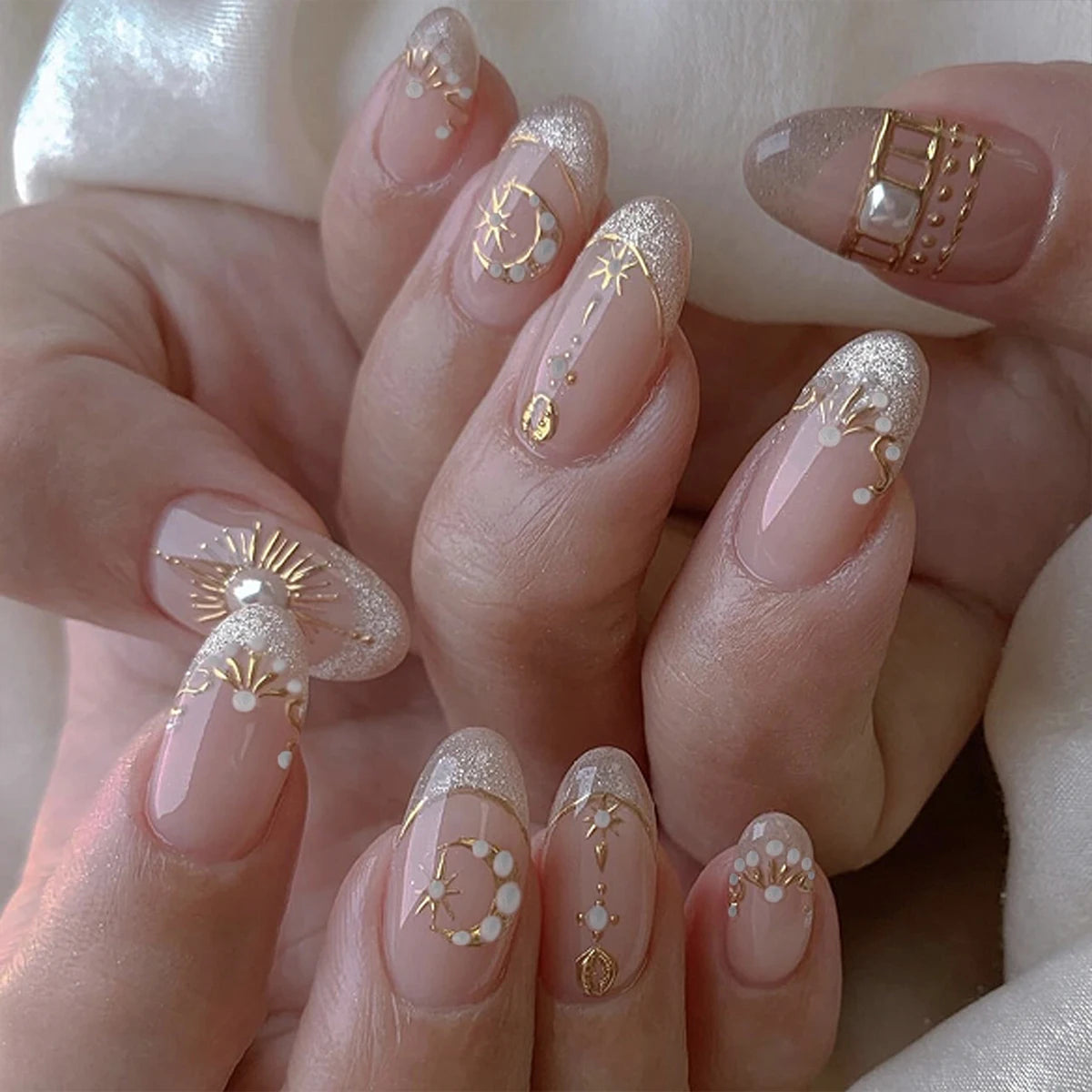 24-Piece Almond Press-On Nails - Butterfly French Pearl Diamond Handmade Set