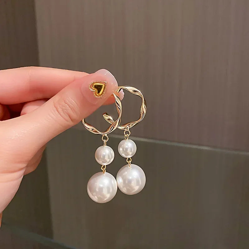 Pearl & Rhinestone Long Drop Earrings - Elegant Floral Wedding Pendant Earrings