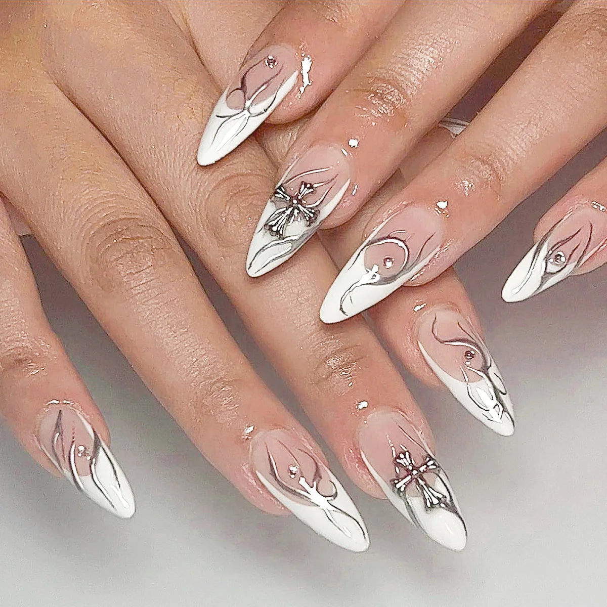 Black Silver Bowknot Press-On Nails - Stiletto 24pcs Full Cover Set