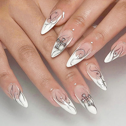 Black Silver Bowknot Press-On Nails - Stiletto 24pcs Full Cover Set