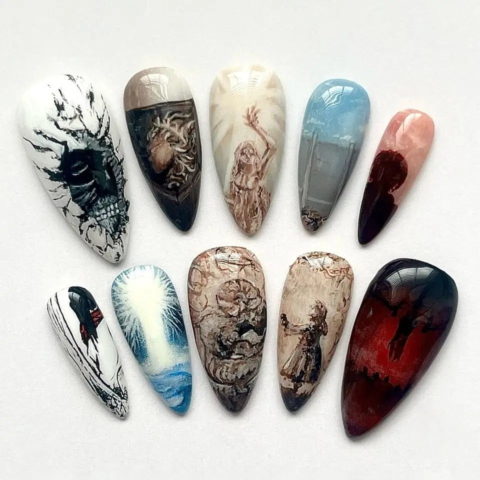 24-Piece Almond Press-On Nails - Wine Red Blush Floral Design Summer Set