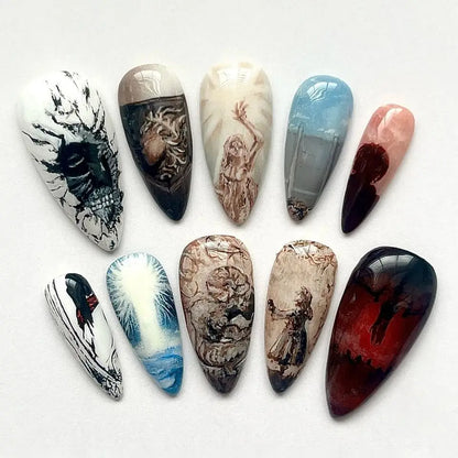 24-Piece Almond Press-On Nails - Wine Red Blush Floral Design Summer Set