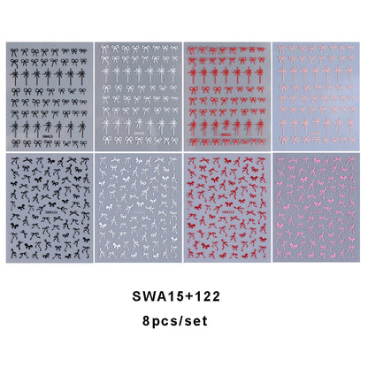 8-Piece Kawaii Bow Nail Stickers - Mini Lace Ribbon Self-Adhesive Decals Set
