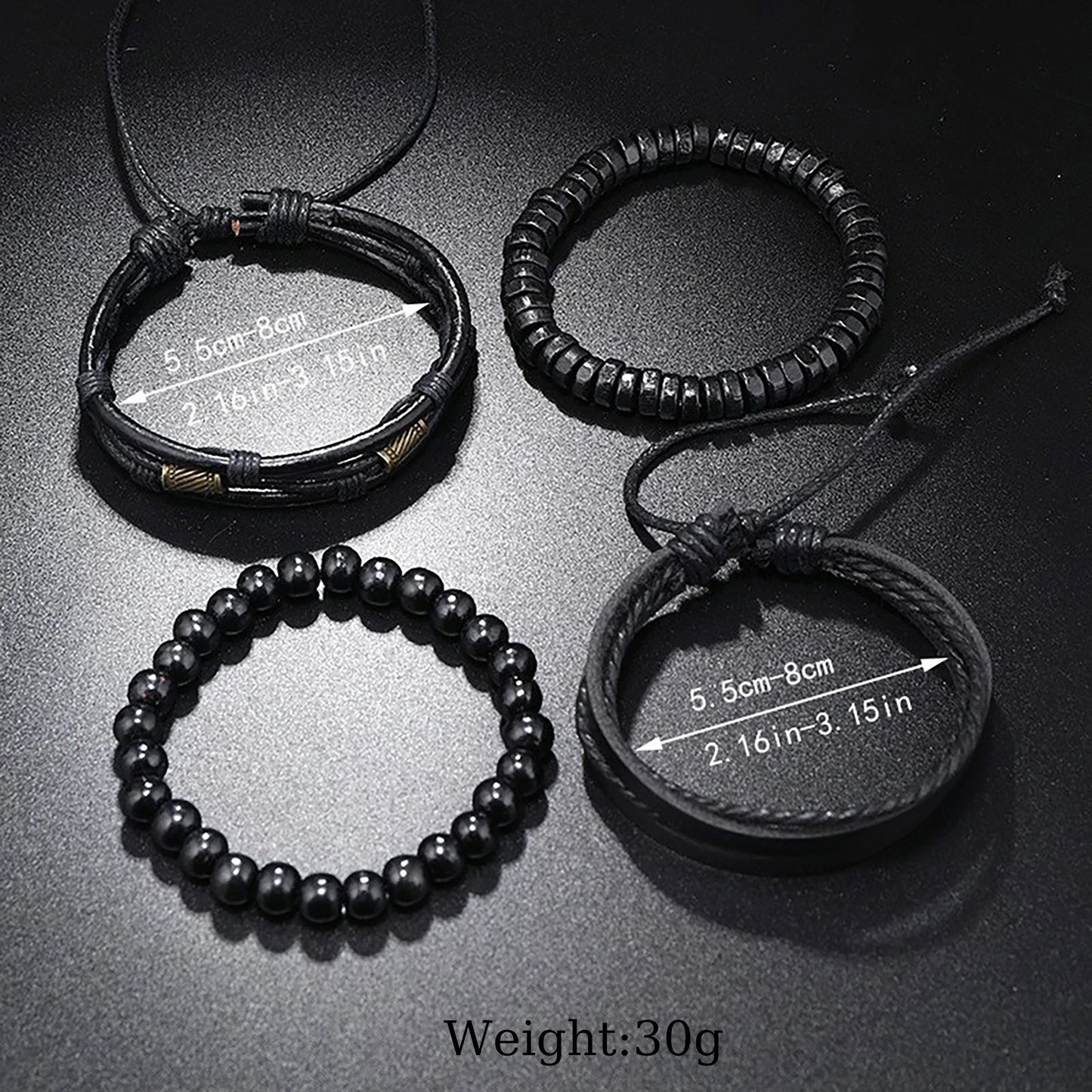 Men's Boho Bracelet Set - 4-Piece Wooden Beads & Leather Layers