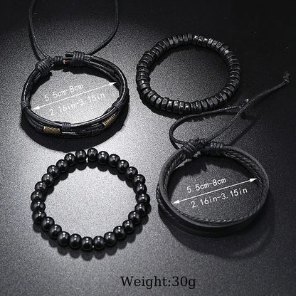 Men's Boho Bracelet Set - 4-Piece Wooden Beads & Leather Layers