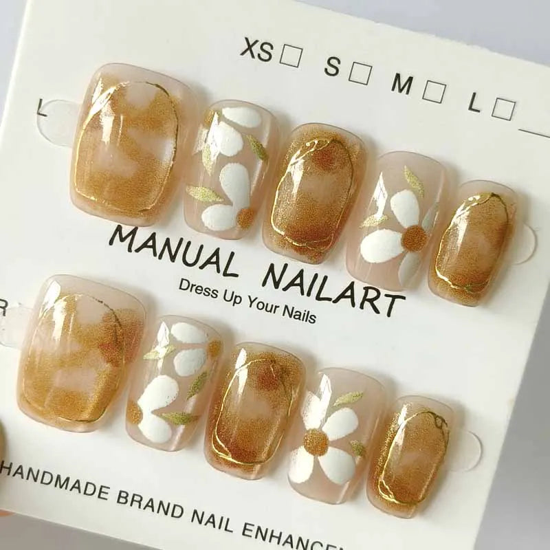 Camellia Press-On Nails - 3D Embroidery Floral Gold 10pcs Set