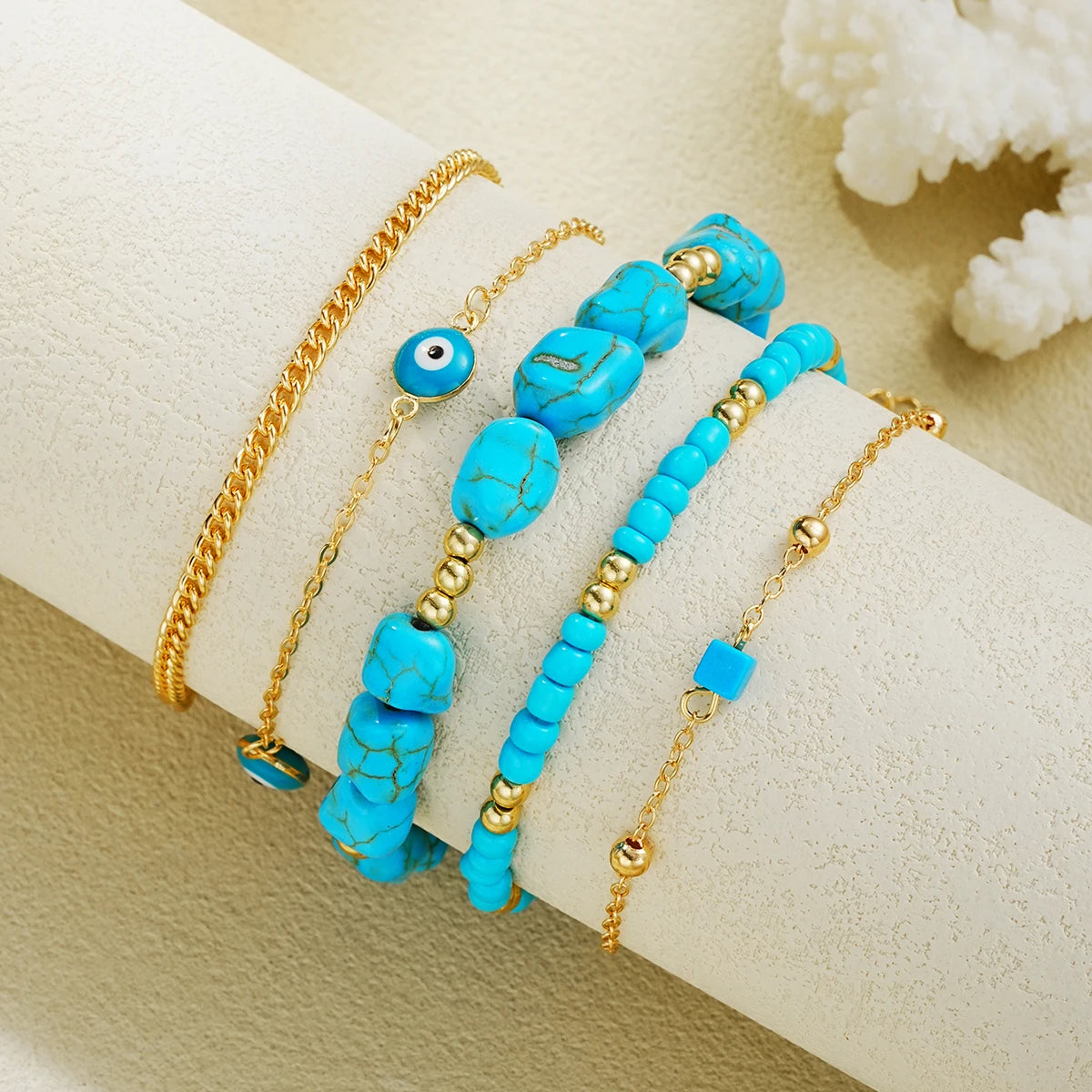Turquoise Anklet Set - 5-Piece Boho Evil Eye Beach Foot Chain Jewelry