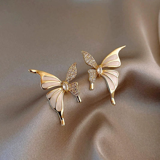White Butterfly Stud Earrings - Enamel Minimalist Korean Jewelry