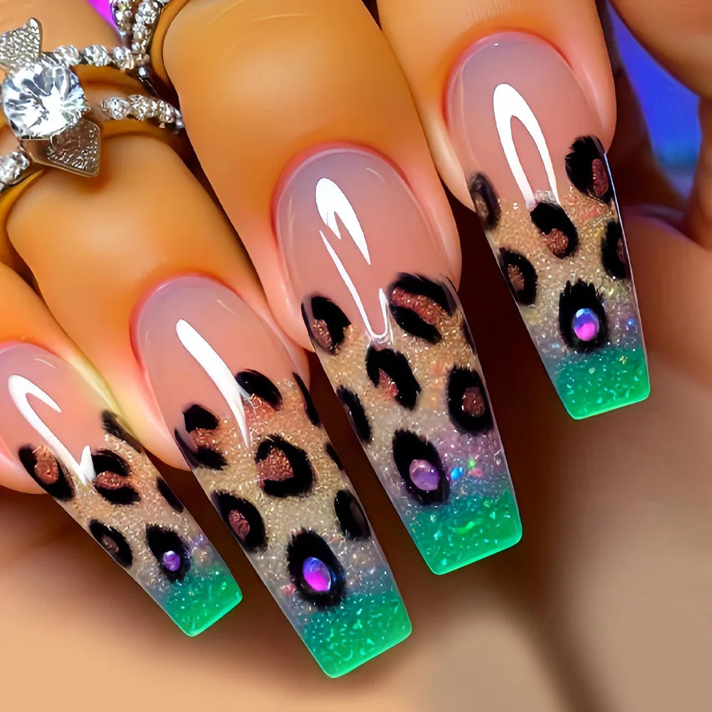 Y2K Leopard Print Press-On Nails - Gradient Coffin Set
