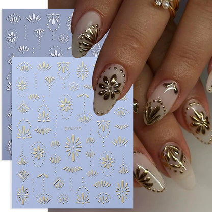 Bohemian Nail Stickers - Gold Silver Blue Flower Petals (3pcs)