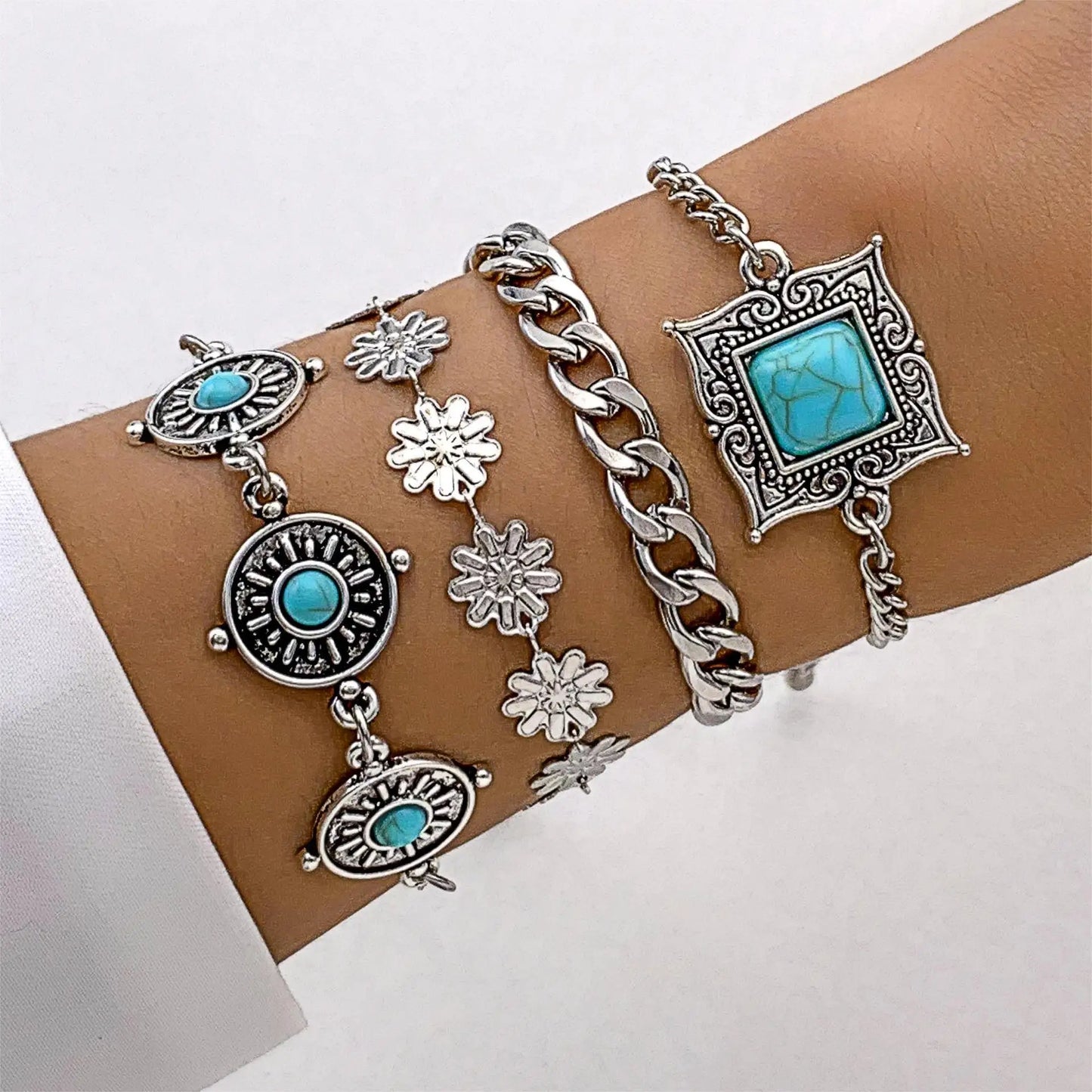 Vintage Turquoise Bracelet Set - 5-Piece Bohemian Feather & Flower Bangles
