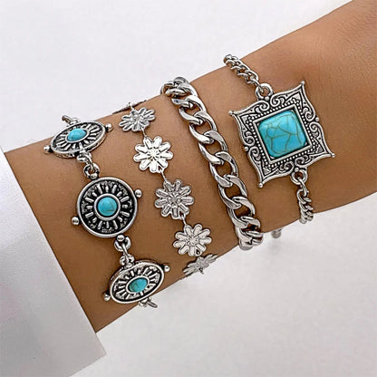 Vintage Turquoise Bracelet Set - 5-Piece Bohemian Feather & Flower Bangles