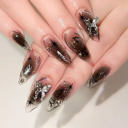 Black Silver Bowknot Press-On Nails - Stiletto 24pcs Full Cover Set