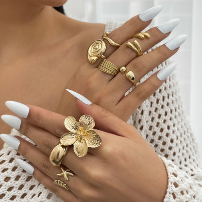 Vintage Metal Petal Flower Ring Set - 8pc Geometric Open Rings for Women
