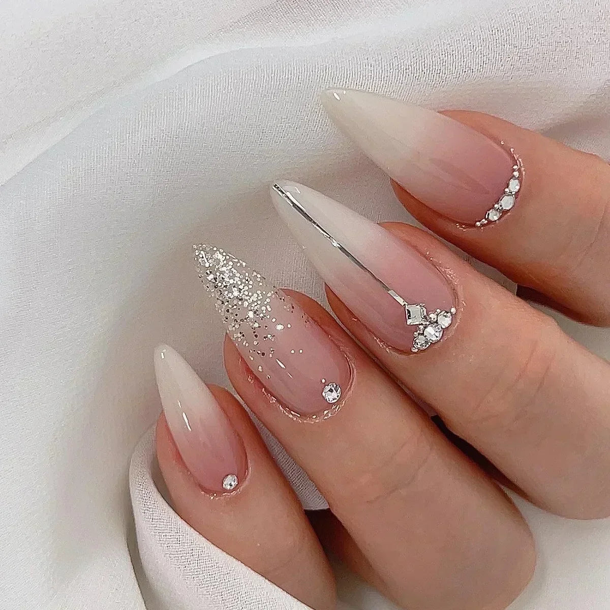 24-Piece Almond Press-On Nails - Butterfly French Pearl Diamond Handmade Set