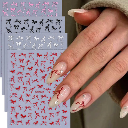 8-Piece Kawaii Bow Nail Stickers - Mini Lace Ribbon Self-Adhesive Decals Set