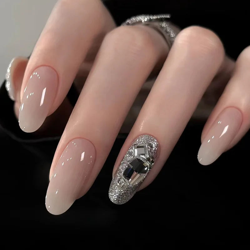 24-Piece Almond Press-On Nails - Butterfly French Pearl Diamond Handmade Set