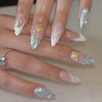 Black Silver Bowknot Press-On Nails - Stiletto 24pcs Full Cover Set