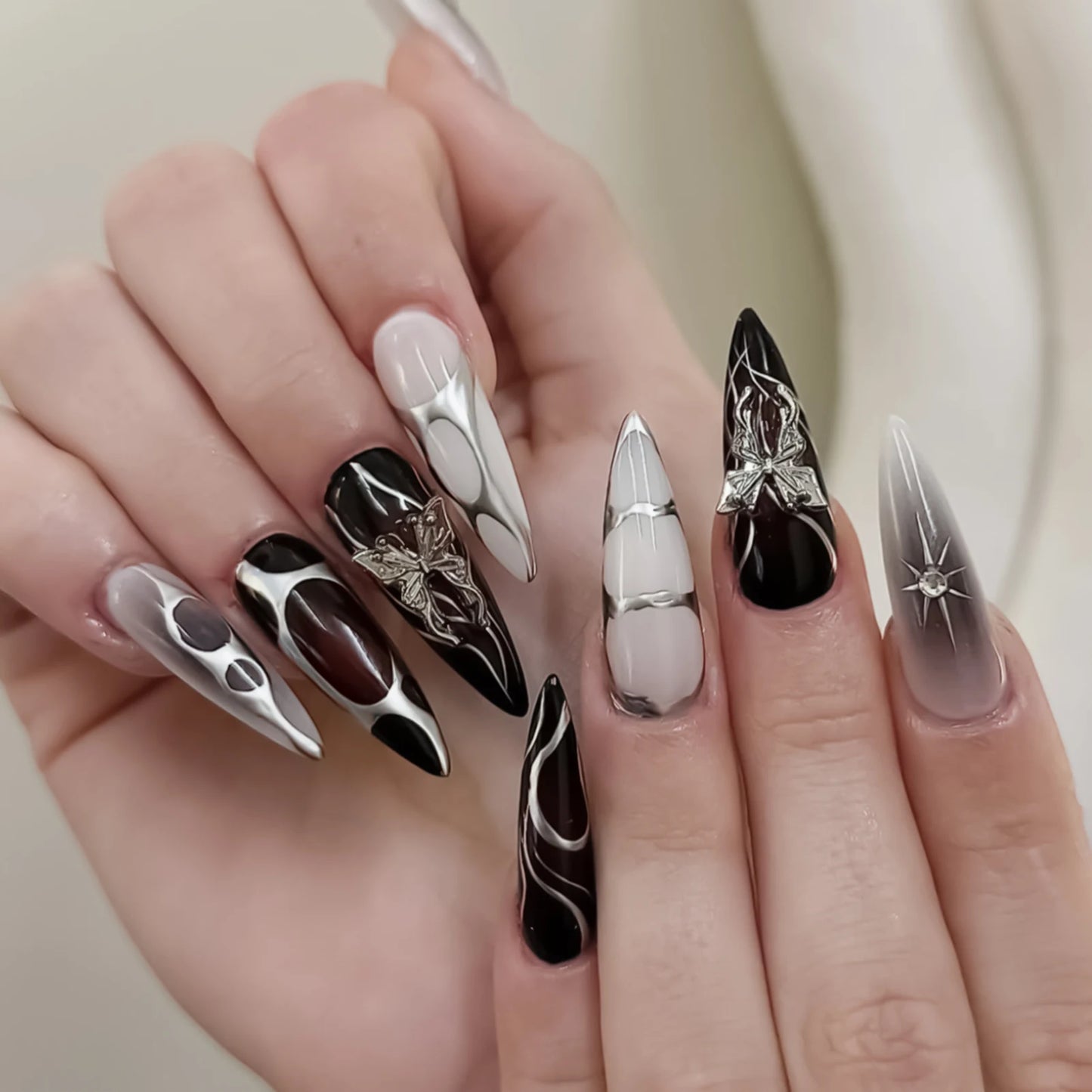 Black Silver Bowknot Press-On Nails - Stiletto 24pcs Full Cover Set