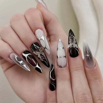 Black Silver Bowknot Press-On Nails - Stiletto 24pcs Full Cover Set