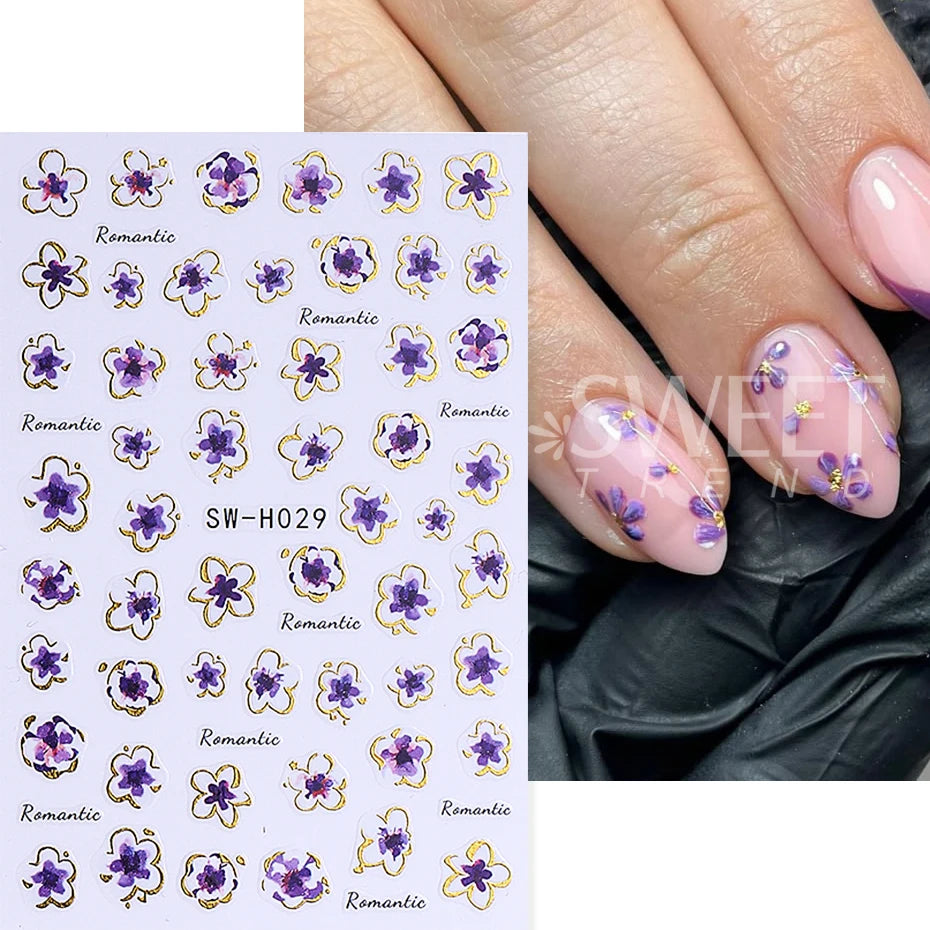 Pink Sakura Nail Stickers - Metallic Gold 3D Flower Design (2pcs)