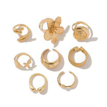 Vintage Metal Petal Flower Ring Set - 8pc Geometric Open Rings for Women