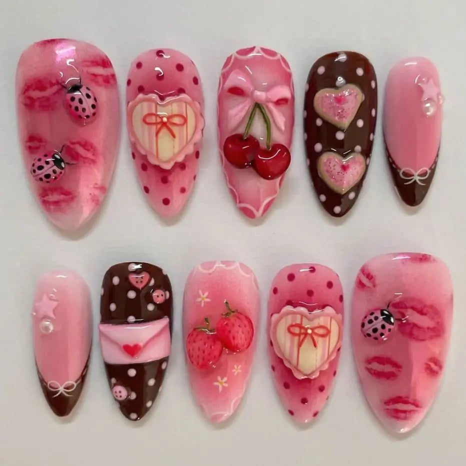24-Piece Almond Press-On Nails - Wine Red Blush Floral Design Summer Set
