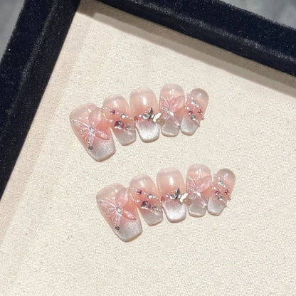 Sweet Butterfly Press-On Nails - 10pc Handmade Glossy Diamond False Nails Set