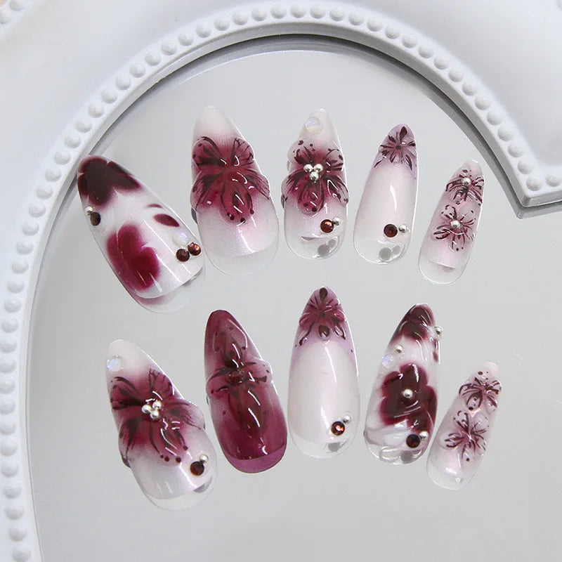 24-Piece Almond Press-On Nails - Wine Red Blush Floral Design Summer Set