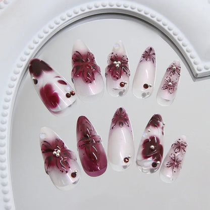 24-Piece Almond Press-On Nails - Wine Red Blush Floral Design Summer Set